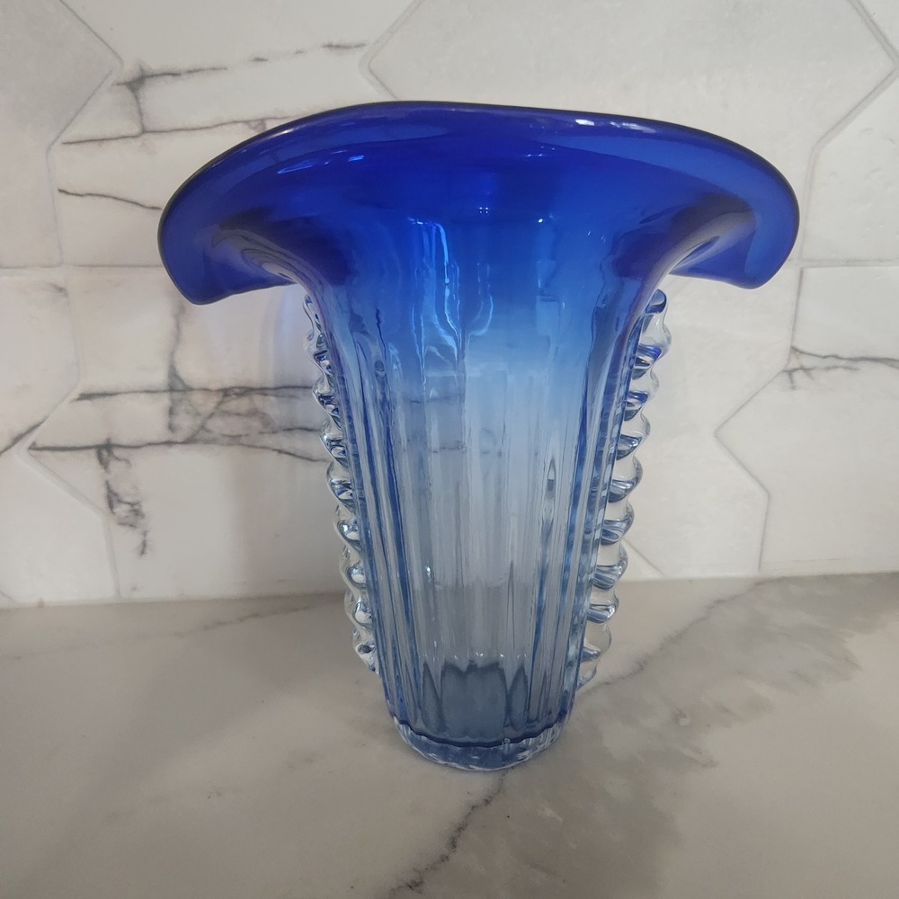 MCM CobaltBlue Glass Vase Flare Rim‎ Rigaree Ribbed HandBlown Jack in the Pulpit